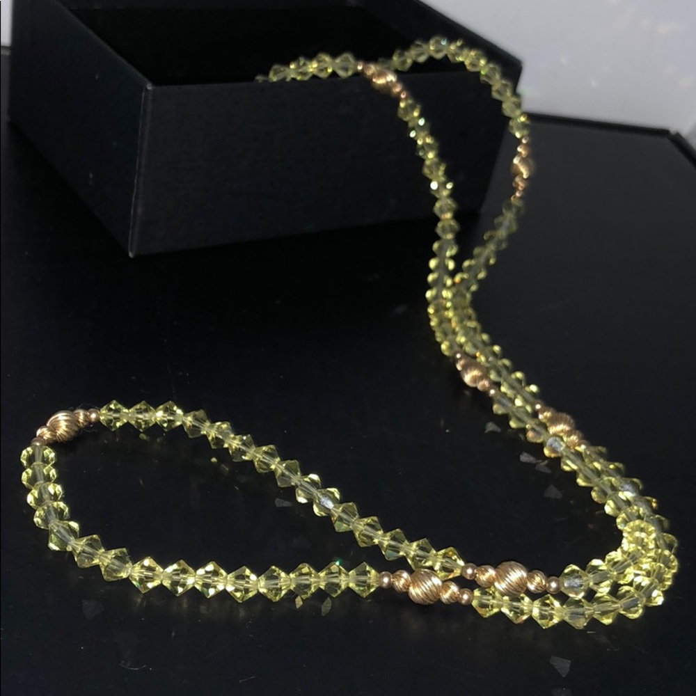 PALE YELLOW LIME GREEN FACETED CRYSTAL,GOLD BEADS